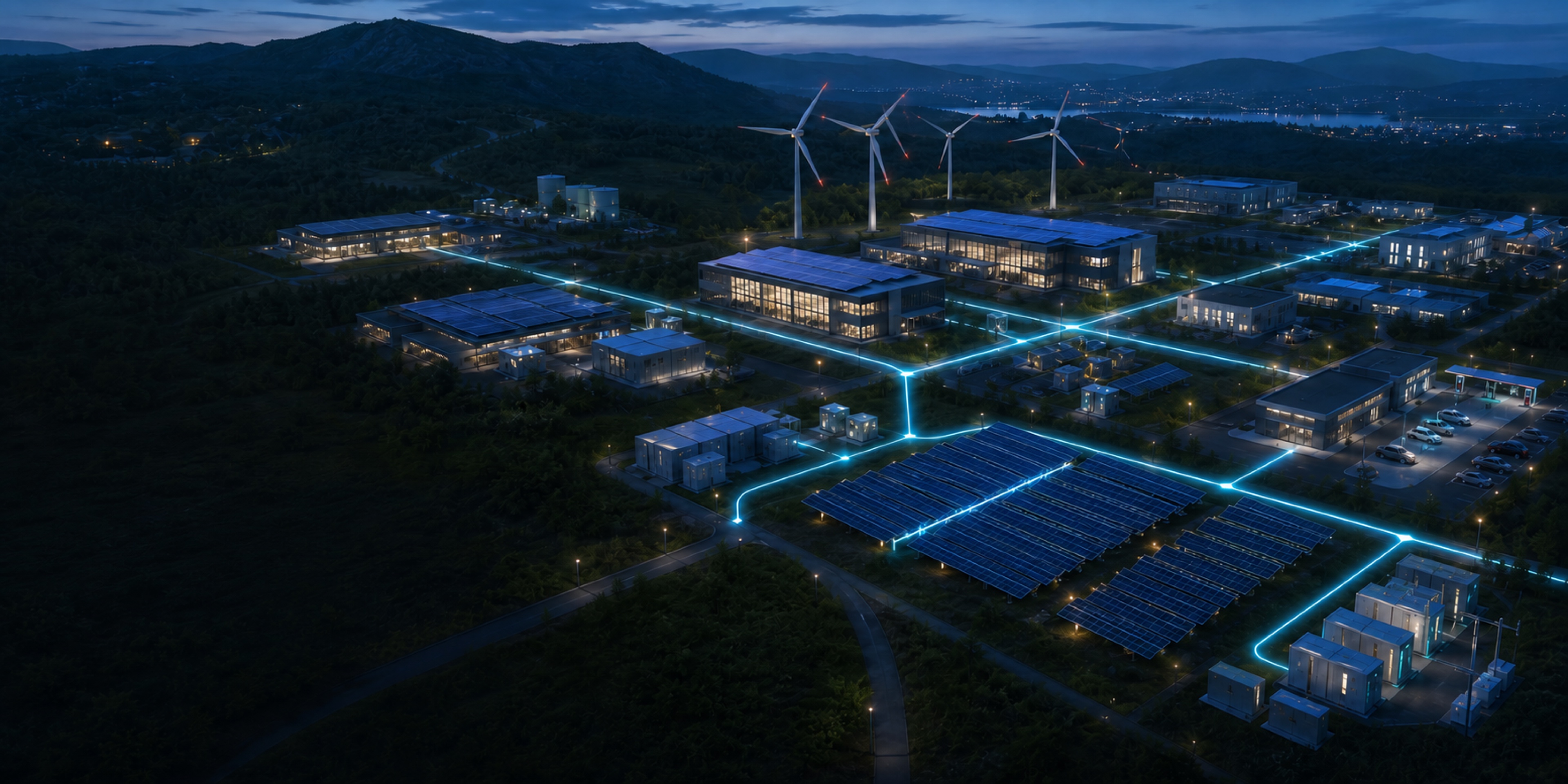 An original aerial visualization of interconnected renewable-rich microgrids with wind, solar, battery storage, electric-vehicle charging, and distributed power flows