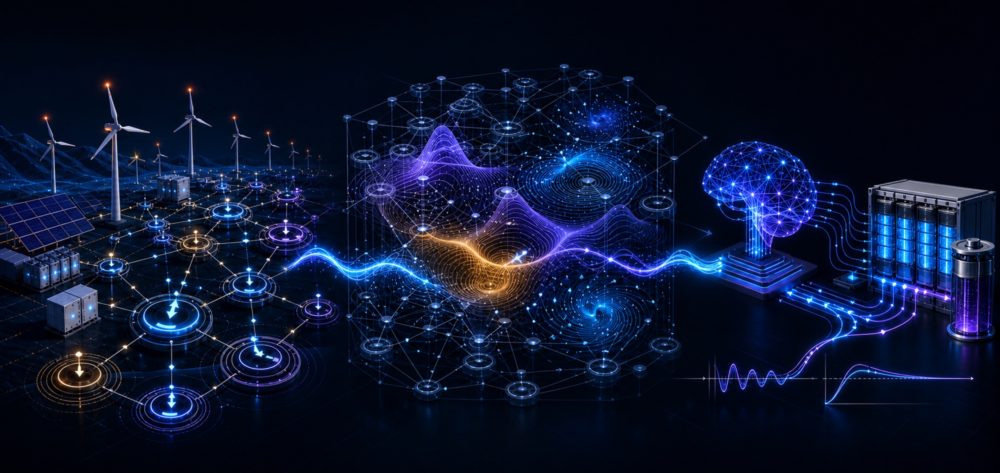 A renewable-rich heterogeneous power network flows through physical mechanism discovery into reinforcement-learning control of a battery and supercapacitor hybrid energy storage system